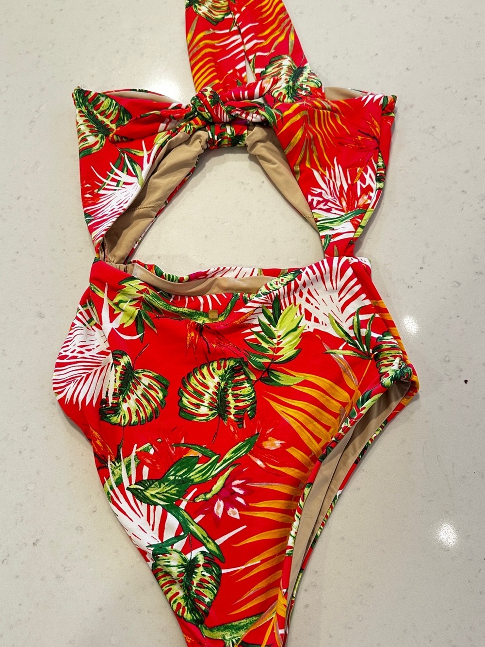 Dolce Vita Tropical Red One Piece Swimsuit One Shoulder Tie Back Cheeky XS - Picture 5 of 7